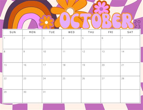 Printable October 2023 Calendar Retro Halloween Calendar Groovy