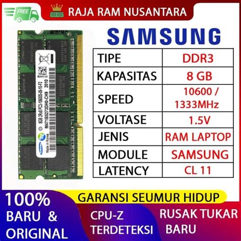 Jual RAM LAPTOP SAMSUNG DDR3 8GB 10600 / 1333MHz ORI RAM SODIMM 1.5v ...