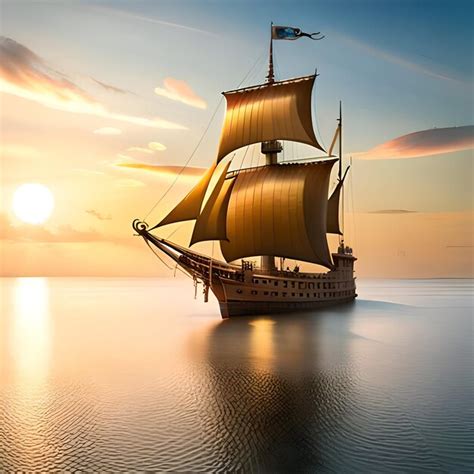 Premium Photo | A pirate ship sailing in the ocean at sunset