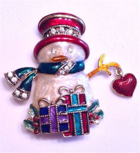 Vintage Rhinestone Snowman Brooch Pin Signed Monet Dangle Heart Charm