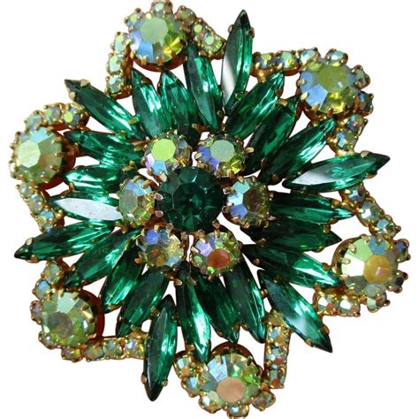 Emerald Green Rhinestone Brooch Vintage 1950s Ab Large Pin