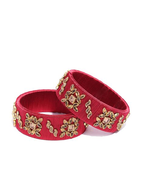 Priyaasi Set Of Maroon Gold Plated Stone Studded Handcrafted Bangles