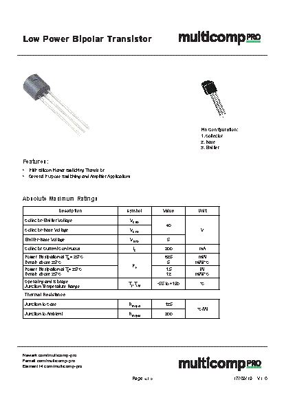 2N3906 datasheet - Bipolar (BJT) Single Transistor, High Speed Switching,