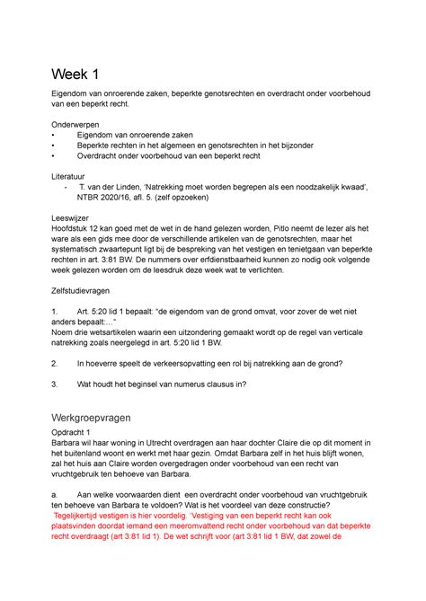 Werkgroep Uitwerkingen Goederenrecht Week Tot En Met Week