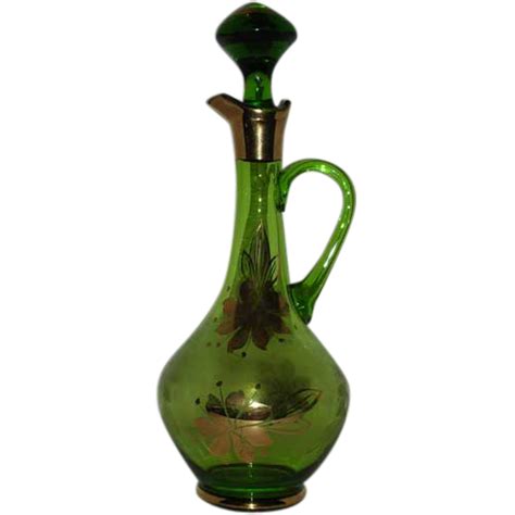 Gold Emerald Green Glass Decanter With Stopper Carmel Collectibles