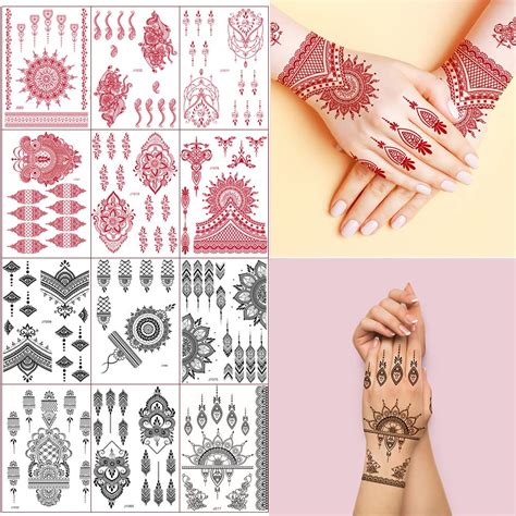 Xmasir Henna Tattoo 12 Sheets Henna Stickers 6pcs Red