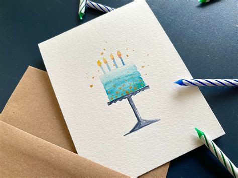 Original Hand Painted Watercolor Birthday Cake Teal Gold Birthday