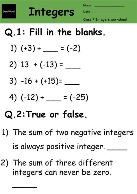 Integers Worksheet Class 7 Dewwool