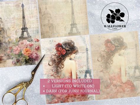 Parisian Romance Junk Journal Pages Eiffel Tower Florals Junk