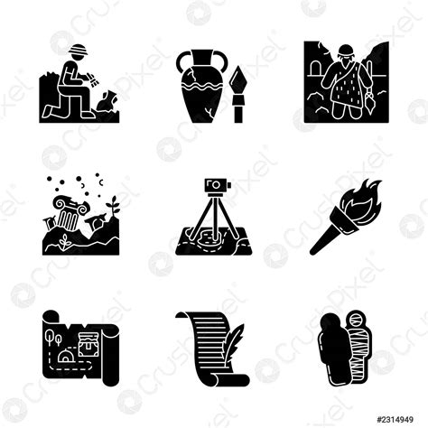 Archeology Glyph Icons Set Excavation Archeologist Ancient Artifacts