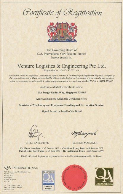 Venture Logistics And Engineering Pte Ltd Accreditations