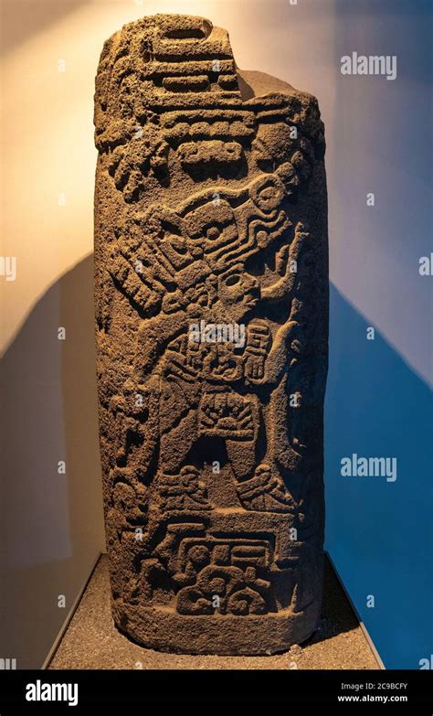 Maya Stelae With Bas Relief Of The God Quetzalcoatl The Feathered