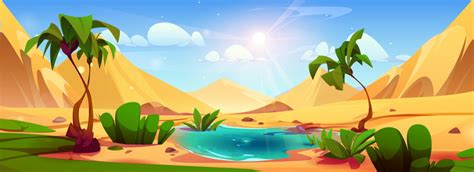 Cartoon oasis in sahara desert with palm landscape