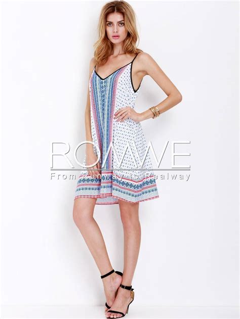 White Spaghetti Strap Backless Vintage Print Dressfor Women Romwe