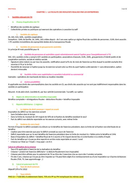 Fiches Droit Fiscal Chapitre La Fiscalite Des Resultats Realises