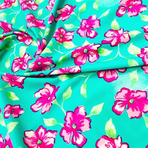 Pink Cayenne With Aquamarine Background Print Nylon Spandex Fabric 4 Way Stretch By The Yard For