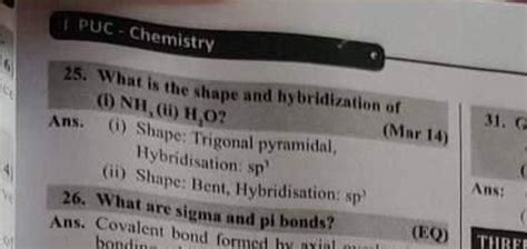 25. What is the shape and hybridization of(i) NH2 , (ii) Hi O?Ans. (i)