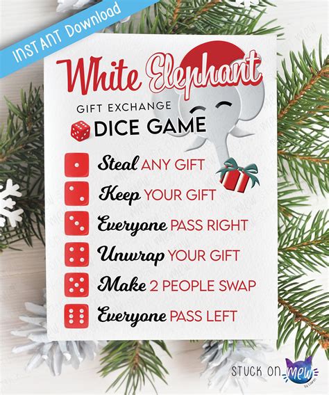 Printable White Elephant Dice Game Gift Exchange Rules, Secret Santa ...