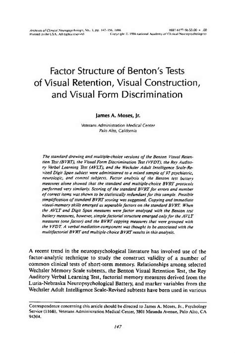 PDF Factor Structure Of Benton S Tests Of Visual Retention Visual