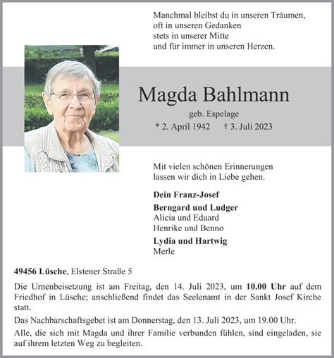 Traueranzeigen Von Magda Bahlmann Om Trauer De