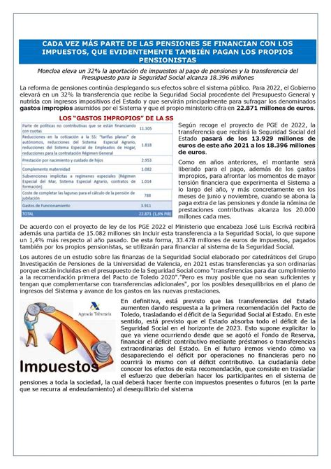 CADA VEZ MÁS PARTE DE LAS PENSIONES SE FINANCIAN CON LOS IMPUESTOS, QUE
