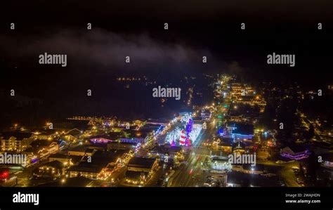 Aerial view of the Christmas lights of Leavenworth, Washington ...