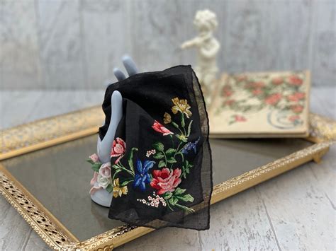 Vintage Handkerchief Black Hankerchief With Embroidered Floral Design