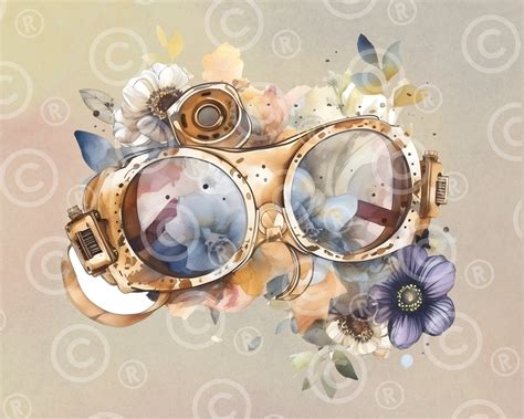 Steampunk Goggles Clipart Spring Flowers Watercolor Floral Clipart Png