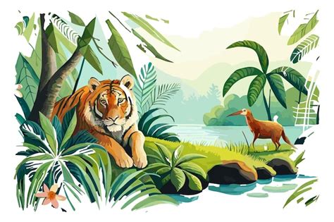 Premium Vector | A tiger and a deer in the jungle