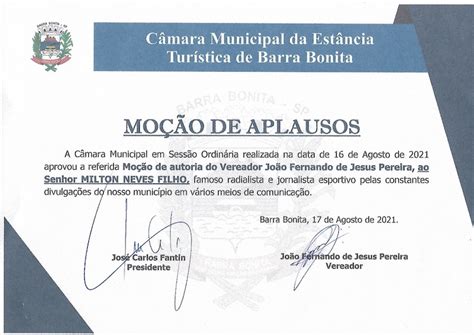 Câmara Municipal de Barra Bonita SP aprova Moção de Aplausos ao