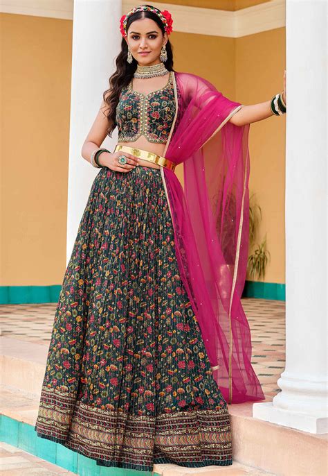 Buy Digital Printed Chinon Chiffon Lehenga In Dark Green Online