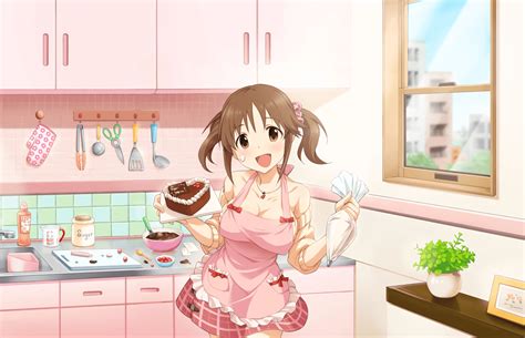 Annin Doufu Apron Bow Breasts Brown Eyes Brown Hair Building Cake Candy