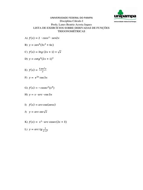 4° Lista De Exercícios Derivadas De Funções Trigonometricas Pdf