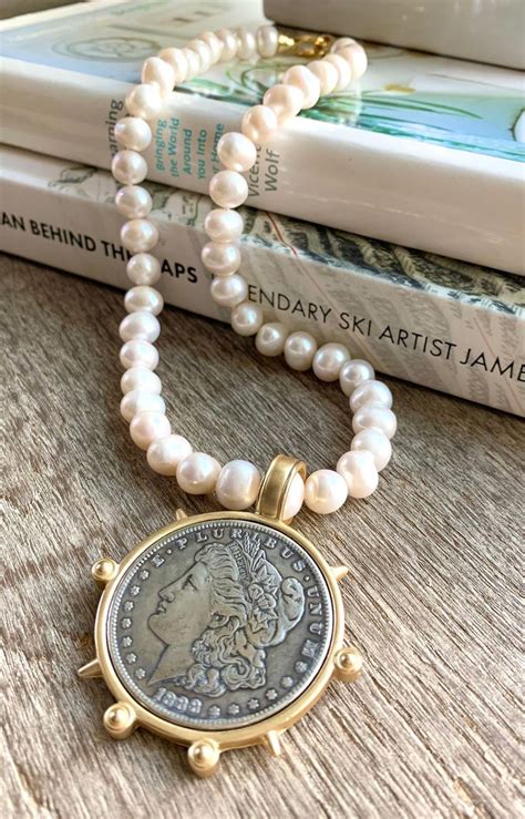 Luxe Knotted Pearl And Coin Necklace Two Colors Pearl Necklace Vintage Coin Pearl Necklace Gray