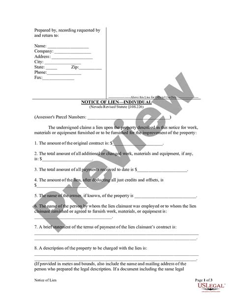 Nevada Notice Of Lien Individual Lien Notice Property Us Legal Forms