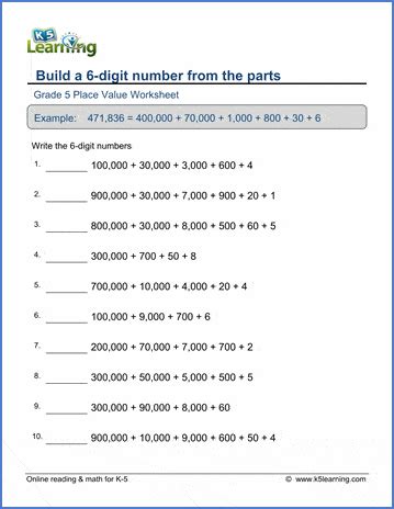 Build a 6-digit number from parts worksheets | K5 Learning