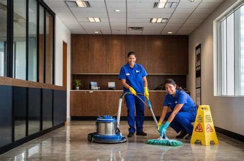 Premium Photo Two Workers In Blue Uniforms Are Cleaning The Floor