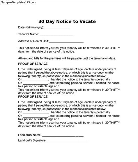 Printable 30 Day Notice To Vacate Sample Templates Sample Templates