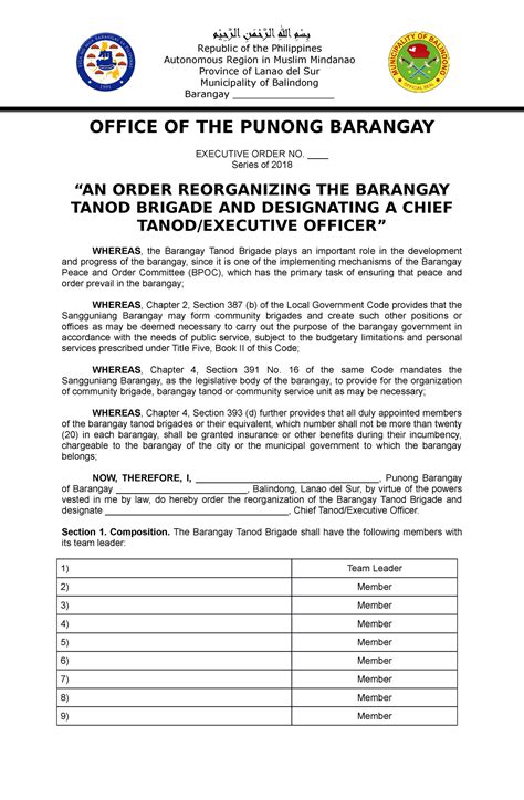 Barangay Tanod Brigade Office Of The Punong Barangay