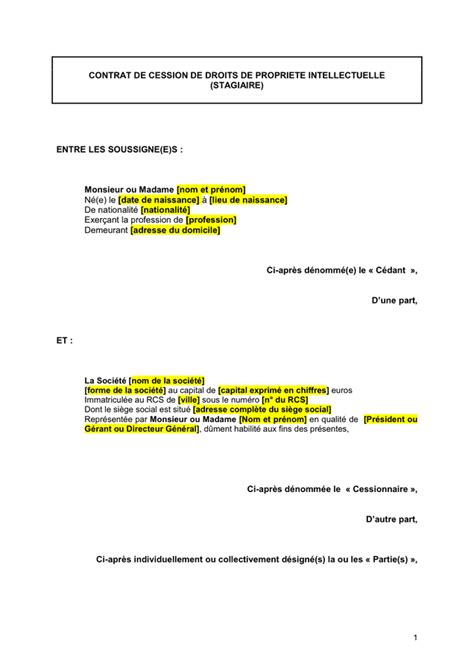 Contrat De Cession De Droits De Propriete Intellectuelle DOC PDF