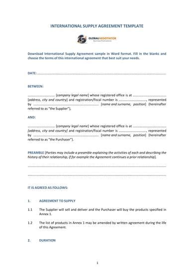 Free Supply Agreement Templates In Pdf Ms Word