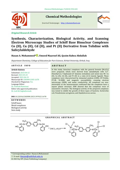 Pdf Synthesis Characterization Biological Activity And Scanning