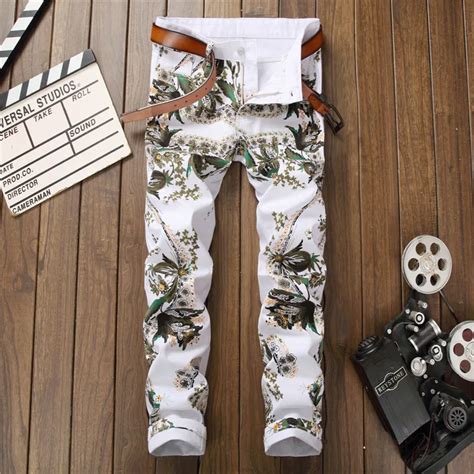 New Fashion Mens Slim Fit Straight Casual Pants Print Flowers Men White