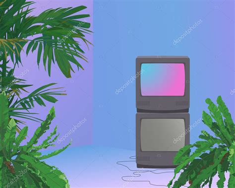 Plantas Tropicales Y Pila De Crt Tv En Vaporwave Habitaci N Ne N Brillo