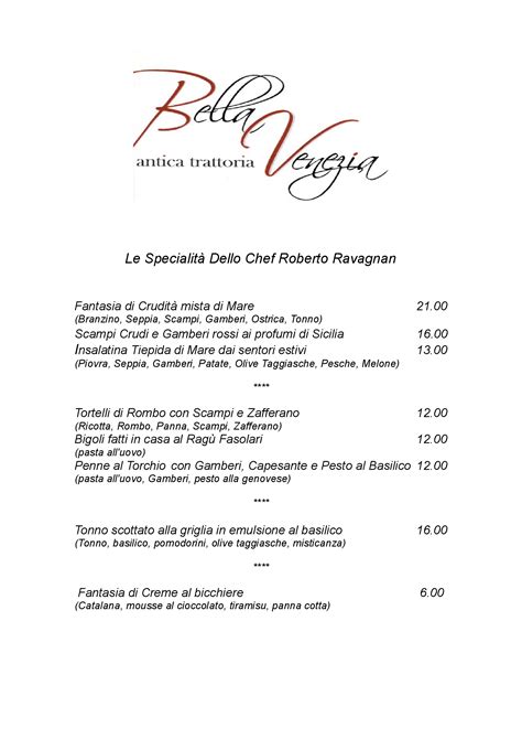 Menù Bella Venezia Chioggia specialità e piatti del Menu completo