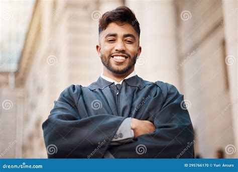 Judge Lawyer And Arms Crossed With Portrait Of Man In City For Justice