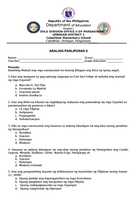 ap   quarter test   araling panlipunan   studocu