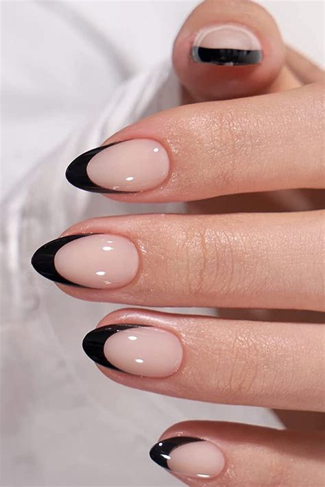 Almond French Tip Press On Nails Btartbox Soft Gel Black