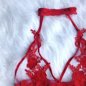 Sara Halterneck Red Lace Lingerie Set Sheer Lingerie Red Etsy UK