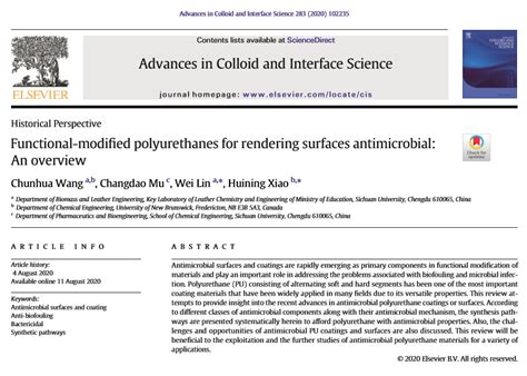 林炜教授课题组在《advances In Colloid And Interface Science》期刊上发表综述文章：聚氨酯材料表面抗菌